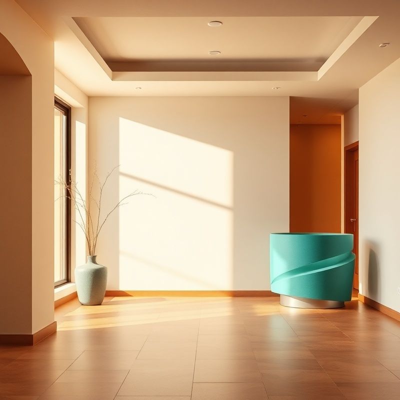 Recepción de oficina minimalista con elemento decorativo turquesa